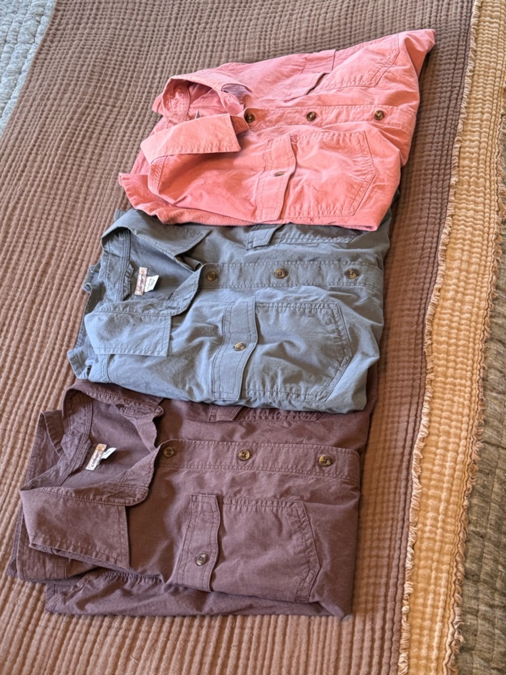 Three Carhartt Rugged Flex Bozeman Shirts - Pink, Dusty Blue, Dusty Purple